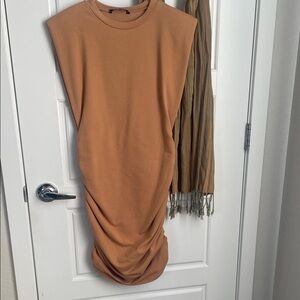 SHEIN Sleeveless Ruched Midi Dress in Camel Tan